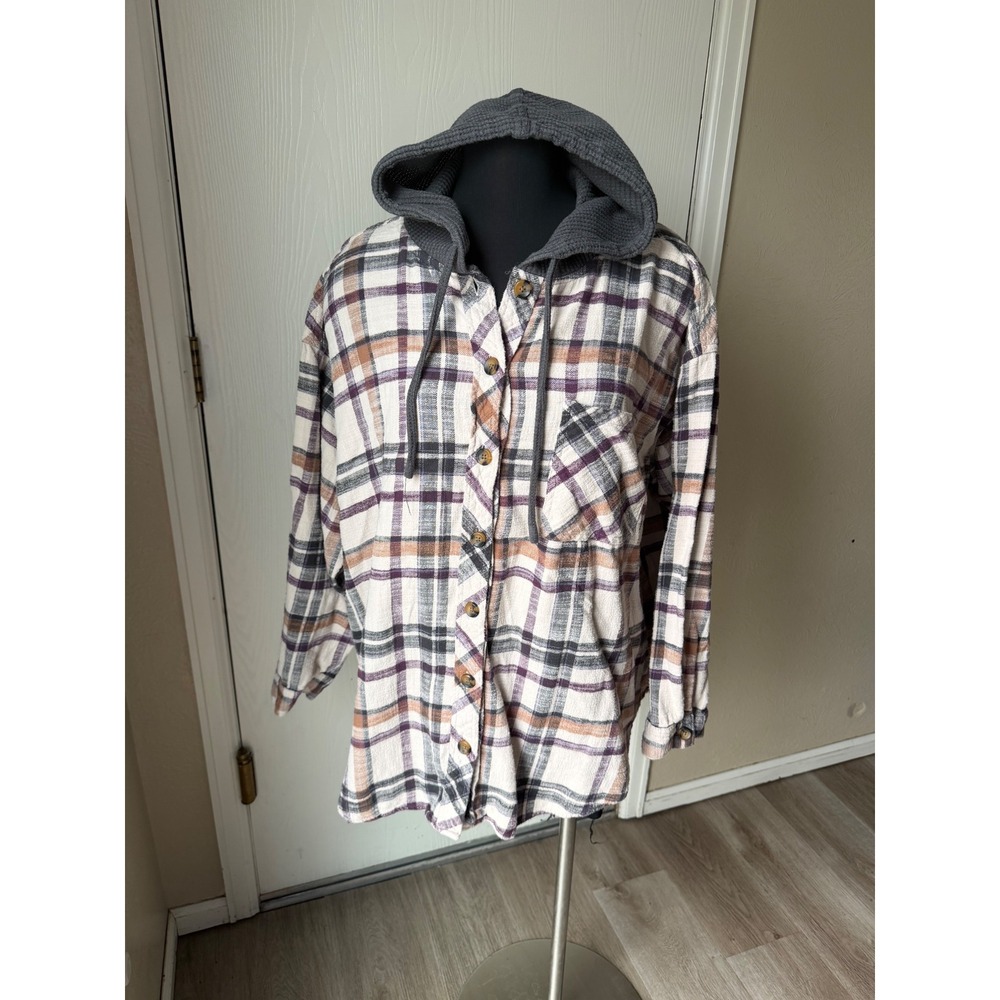 Maurices Womens 3X Plaid flannel Button Down Shirt Waffle Knit Hood Purple Tan